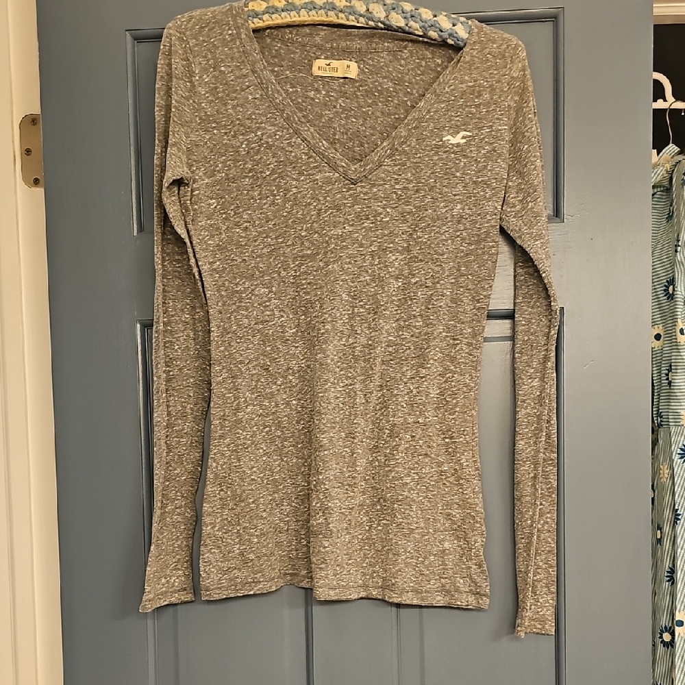 Y2k Hollister Women's Heathered Gray Long Sleeve V-Neck Tee Medium Lightweight
